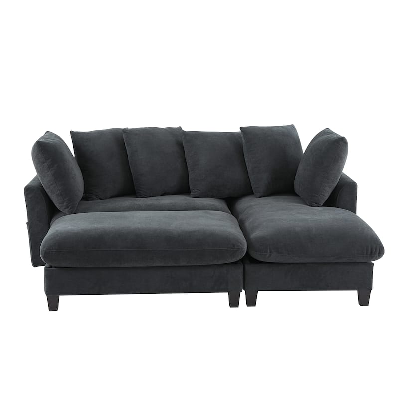 83 Inch L Shaped Sectional Sofa with Ottoman and 6 Throw Pillows, Modern Chenille Upholstered Sofa Couch with Storage Seating - Black