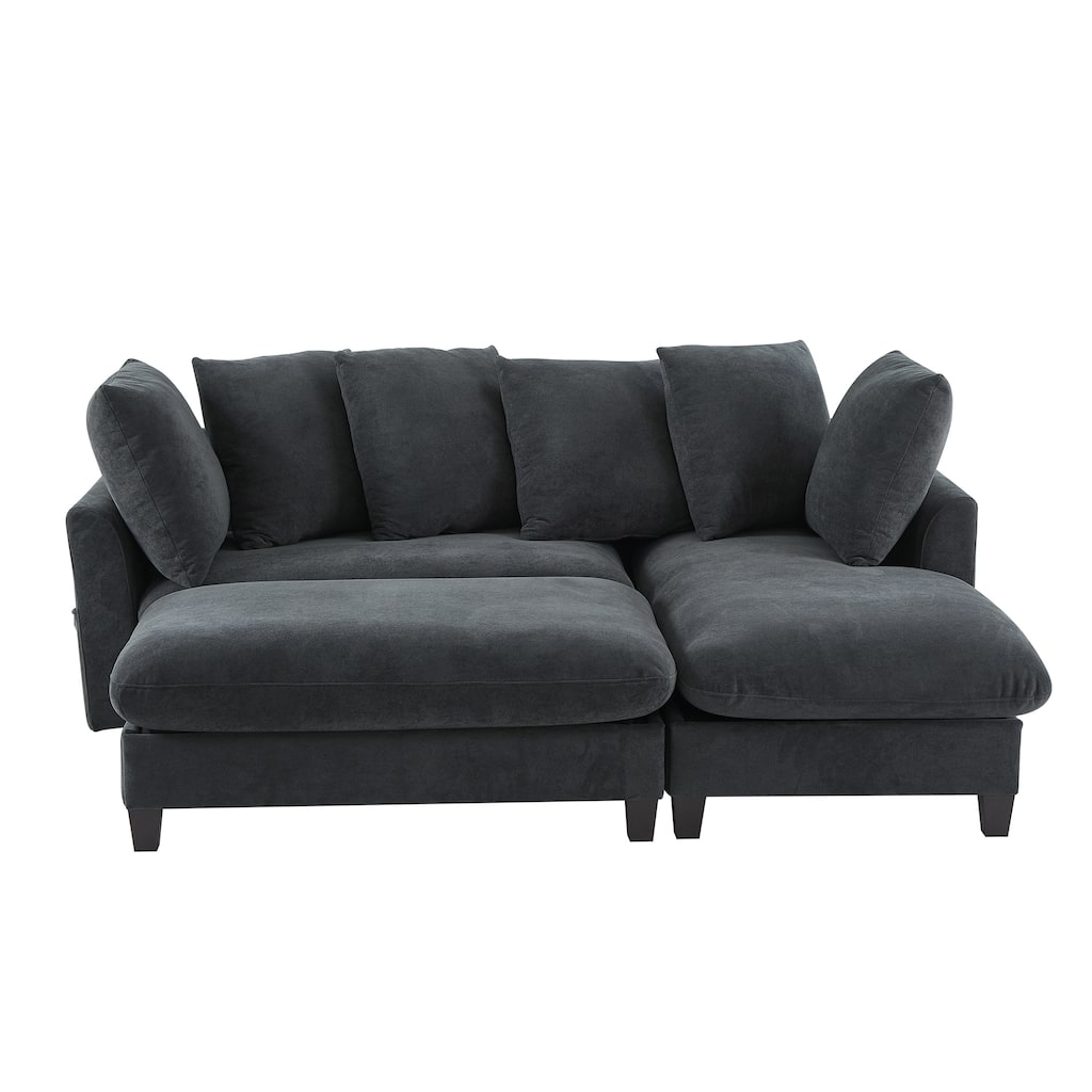 83 Inch L Shaped Sectional Sofa with Ottoman and 6 Throw Pillows, Modern Chenille Upholstered Sofa Couch with Storage Seating