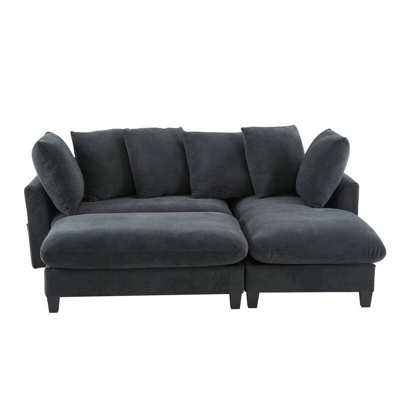 Chenille Sectional Sofa L-shaped Sofa with Movable Ottoman, Upholstered Sectional Sofa with 6 Throw Pillows, Bottom storage