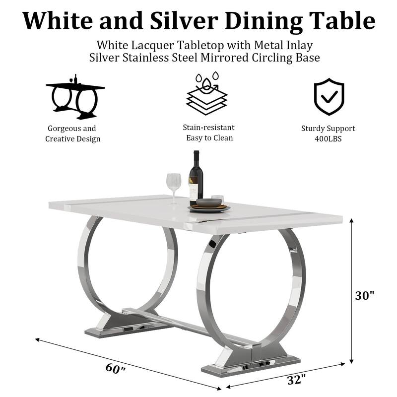 Modern White Dining Table with Polished Stainless Steel Circle Base