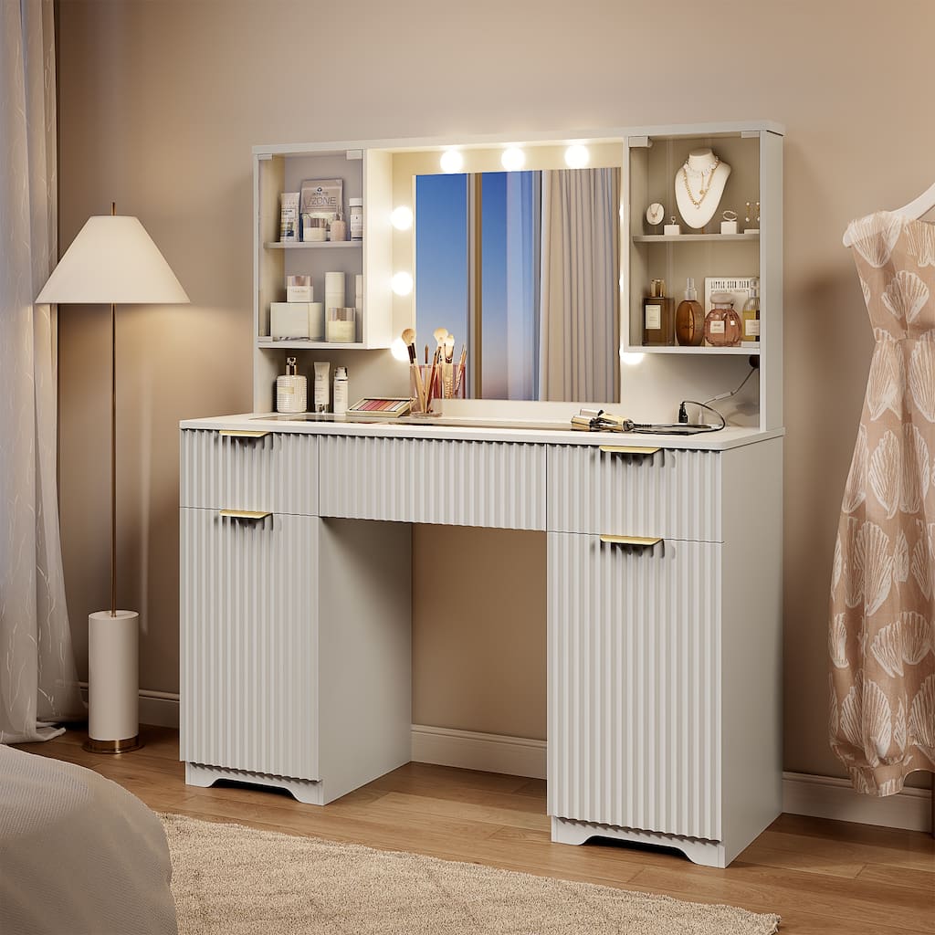 47" Modern Makeup Vanity Desk with Mirror and Large Cabinets, Dressing Table