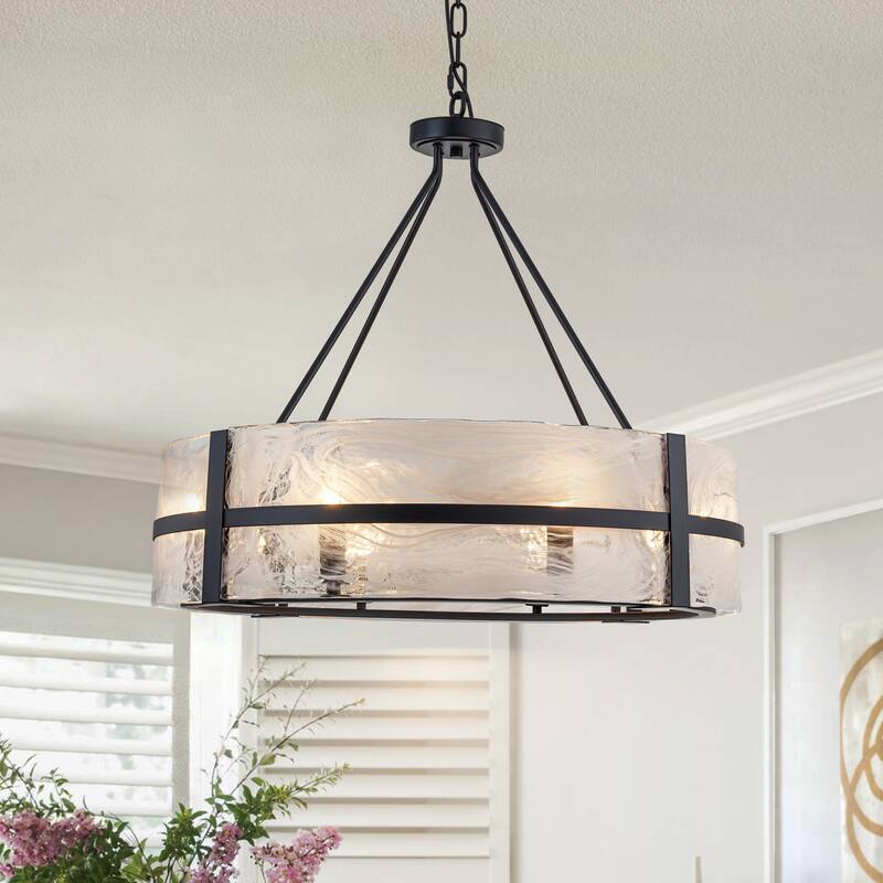 Dimmable Large Drum Glass Chandelier for Dining Room High Ceiling Living Room - W27.95" - Black-Cloudy Glass