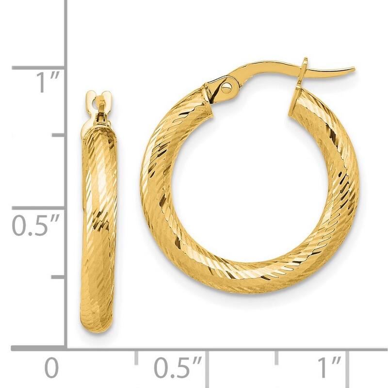 Curata 14k Yellow, Rose or White Gold Sparkle Cut Swirl 3x22mm Round Hoop Earrings