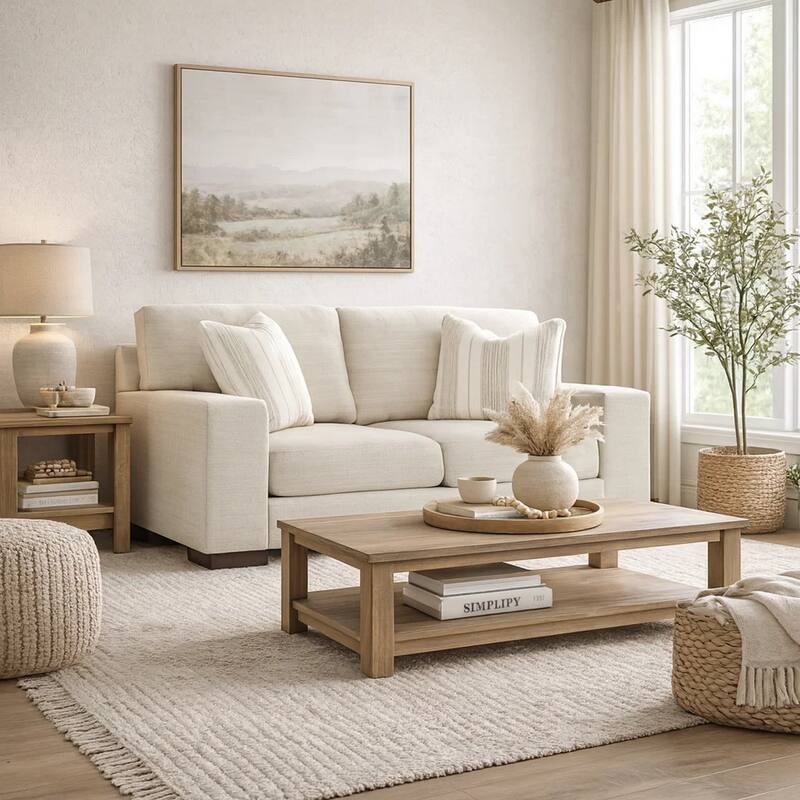Magg 70 Inch Loveseat, 2 Accent Pillows, Oversized, Beige Polyester