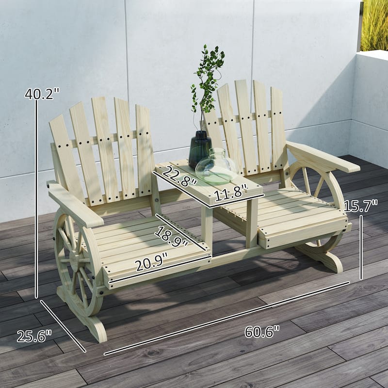 Fir Wood Wagon Wheel Outdoor Garden Bench with Table - 60.6" W x 25.6" D x 40.2" H