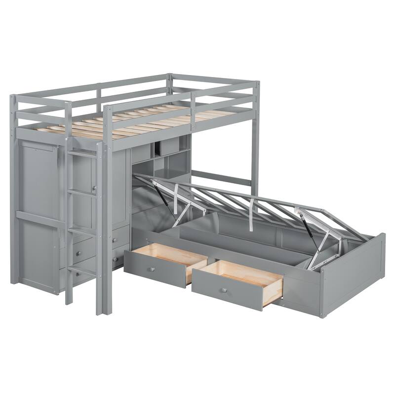 Twin Bunk Bed with Wardrobe, 6 Drawers Hydraulic Storage and MDF+LVL, 600lb Capacity, Space-Saving Design