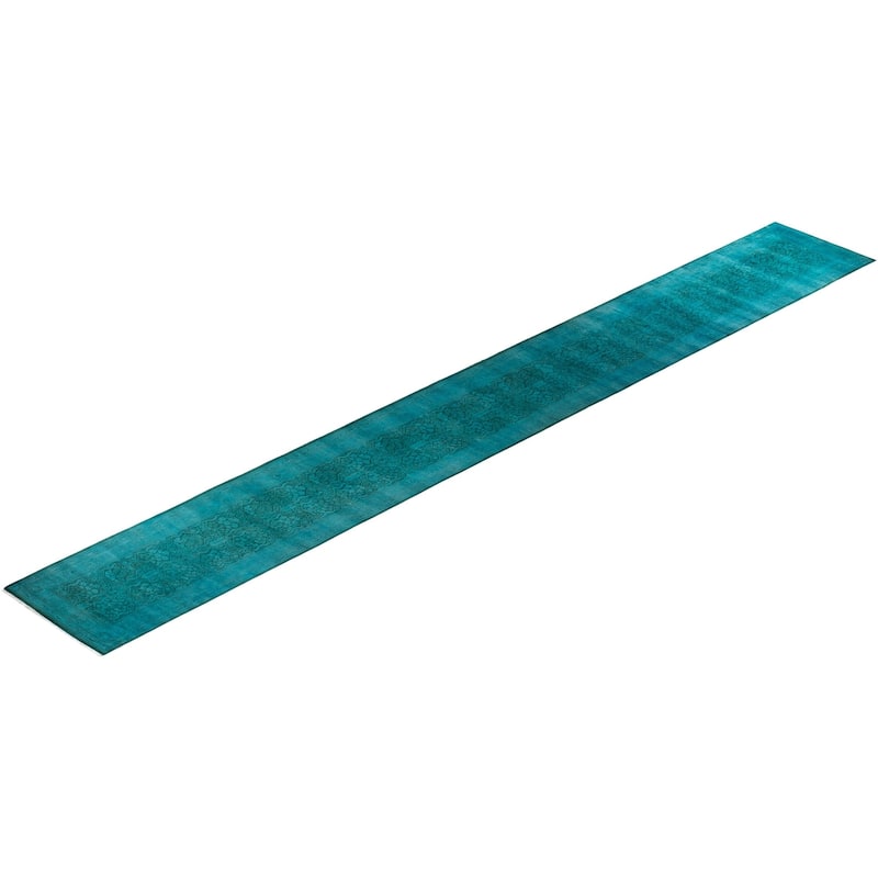 Overton Hand Knotted Wool Vintage Inspired Modern Contemporary Overdyed Blue Runner Rug - 2' 7" x 21' 0"