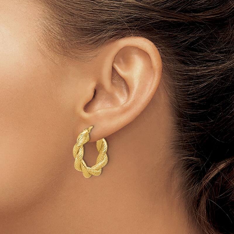 Curata 14k Yellow Gold Polished and Textured Twisted Hoop Earrings - 25.8x24.8mm