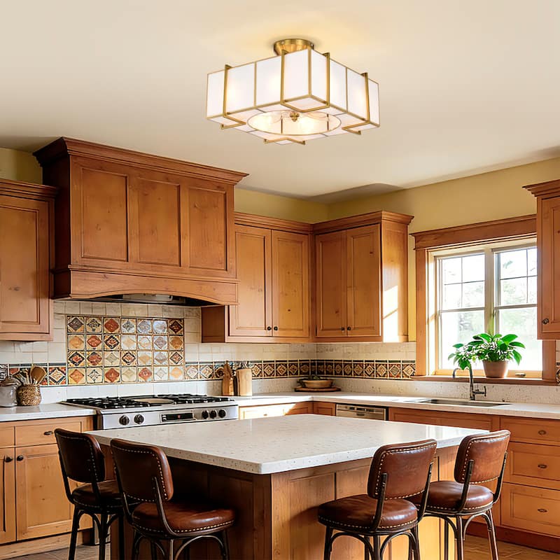 Olapine Square White Gold Trim Tiffany Glass Lighted Ceiling Fandelier with Remote