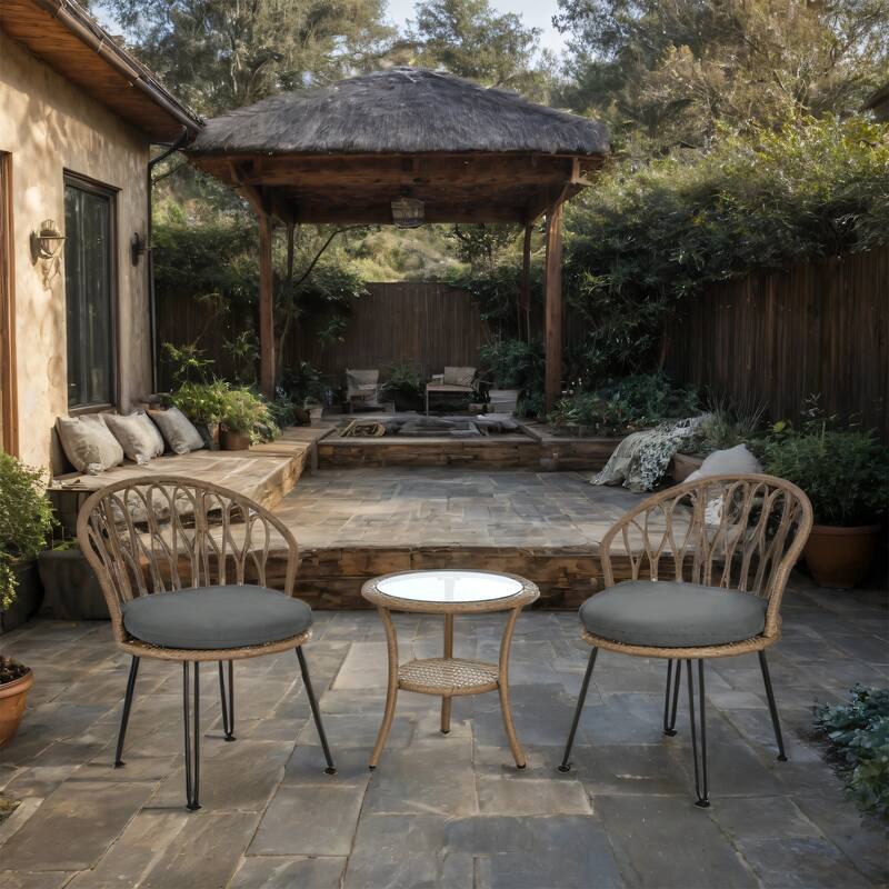 Outdoor Rattan Chairs with Glass Round Table for Patios (Set of 3)