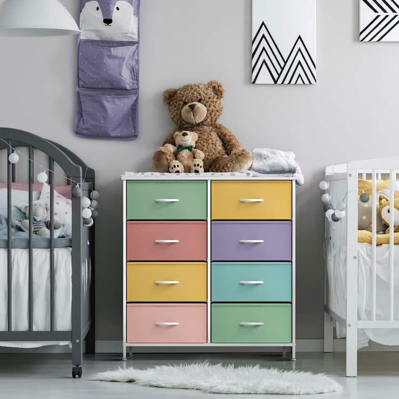 Sorbus Kids Dresser with 8 Drawers - Furniture Storage Chest Tower Unit - Steel Frame, Wood Top, Tie-dye Fabric Bins (Pastel 1)