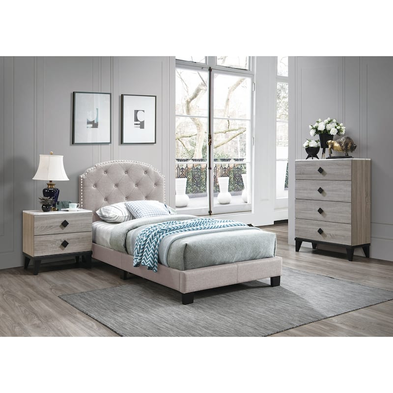 European Style Light Brown Burlap Twin Bed with Tufted Headboard & Middle Legs!