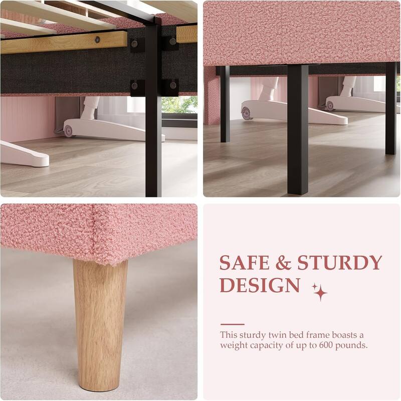 Twin Size Bed Frames with Adjustable Teddy Fleece Headboard, Upholstered Platform Bed w/Slats Support