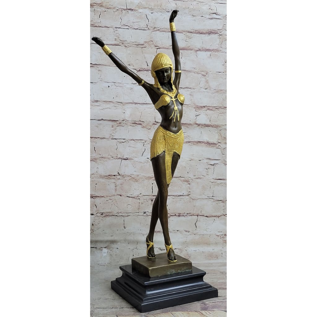 Signed Gold Patina Tall Chiparus Lady Bronze Sculpture On Marble Base Figurine