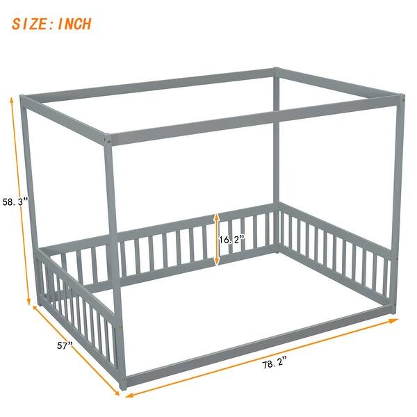 dimension image slide 1 of 3, Full Size Canopy Frame Floor Bed with Fence,Guardrails