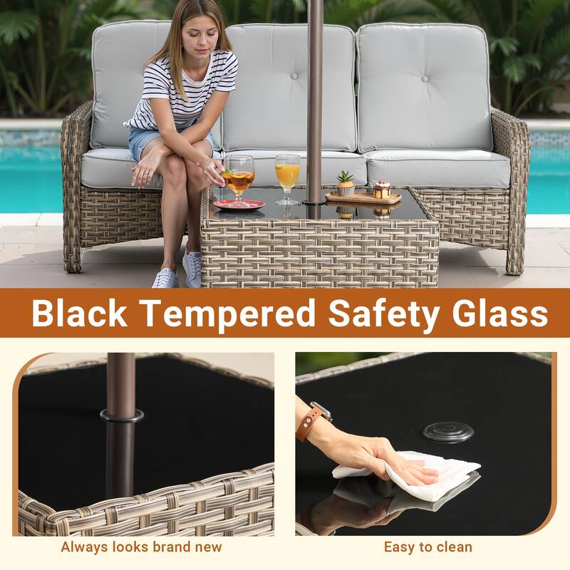 XIZZI Outdoor Wicker Coffee Table with Umbrella Hole for Garden Deck or Poolside