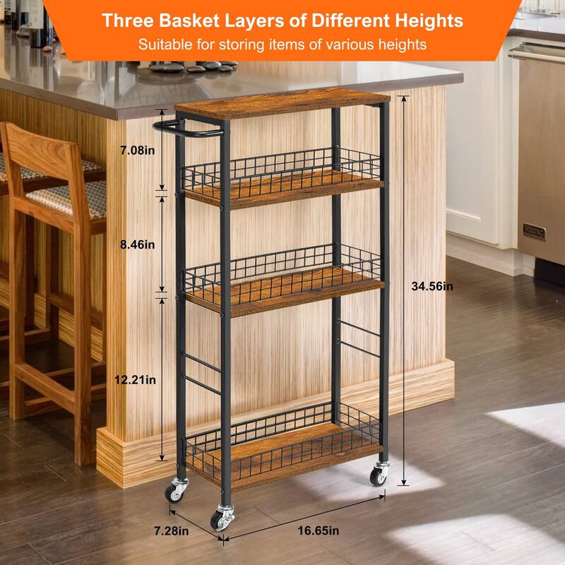 Slim Storage Cart 4 Tier Kitchen Rolling Cart on Wheels Mobile Narrow Cart with Wooden Tabletop Slide Out Utility Cart