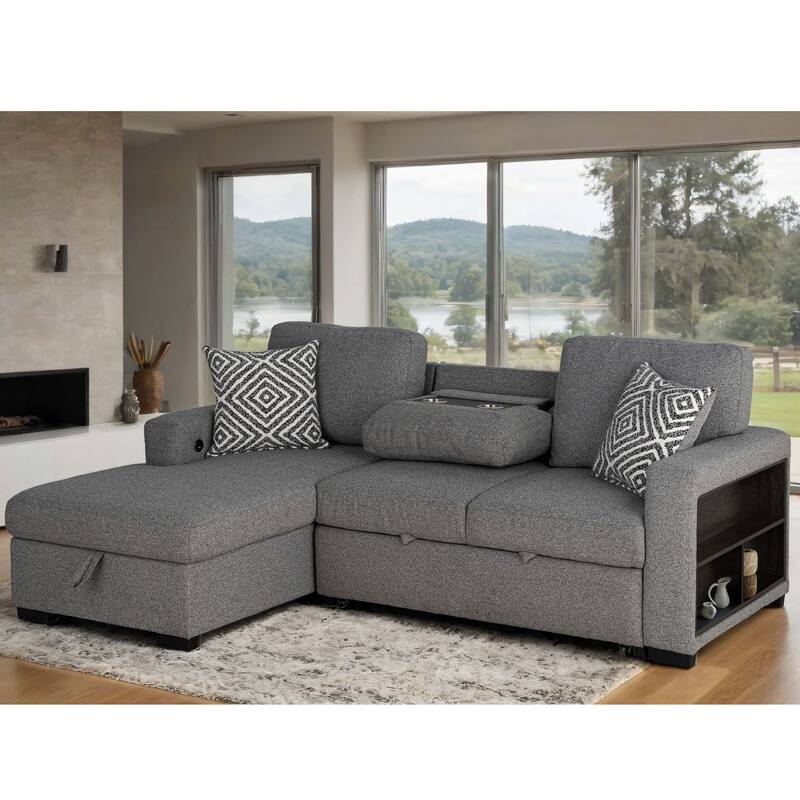 Furniture of America Oswin Modern Grey Pull-Out Sleeper Sofa Sectional with Storage Shelves and USB Ports