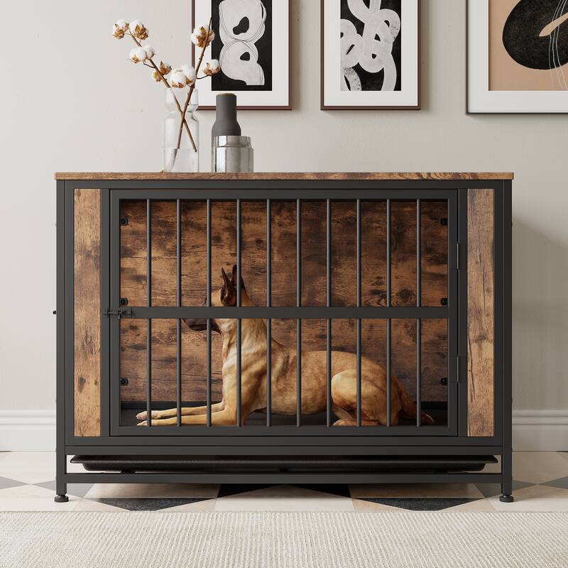 Dog Crate Furniture, Wooden Dog Crate Table, 38.9" Dog Kennel with 2 Sliding Doors