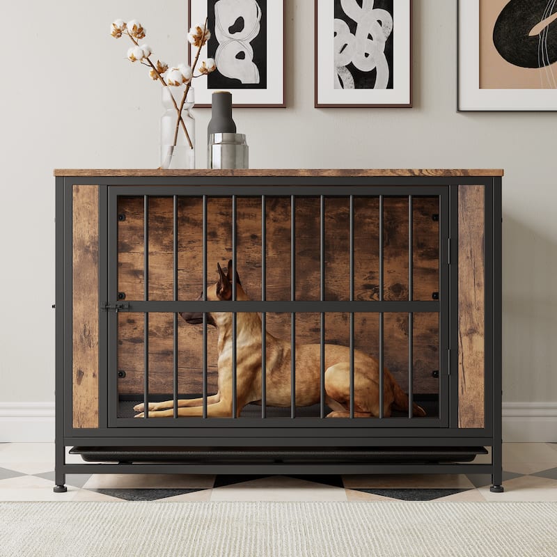 Living Room Wooden Dog Cage Dog Crate Table with 2 Sliding Doors Dog House Dog Kennel for Small Dog - Black Brown