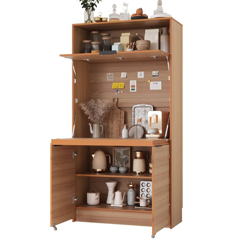 69"Tall Kitchen Pantry with Hutch, Multifunctional Storage Cabinet with Adjustable Shelf and Power Outlet