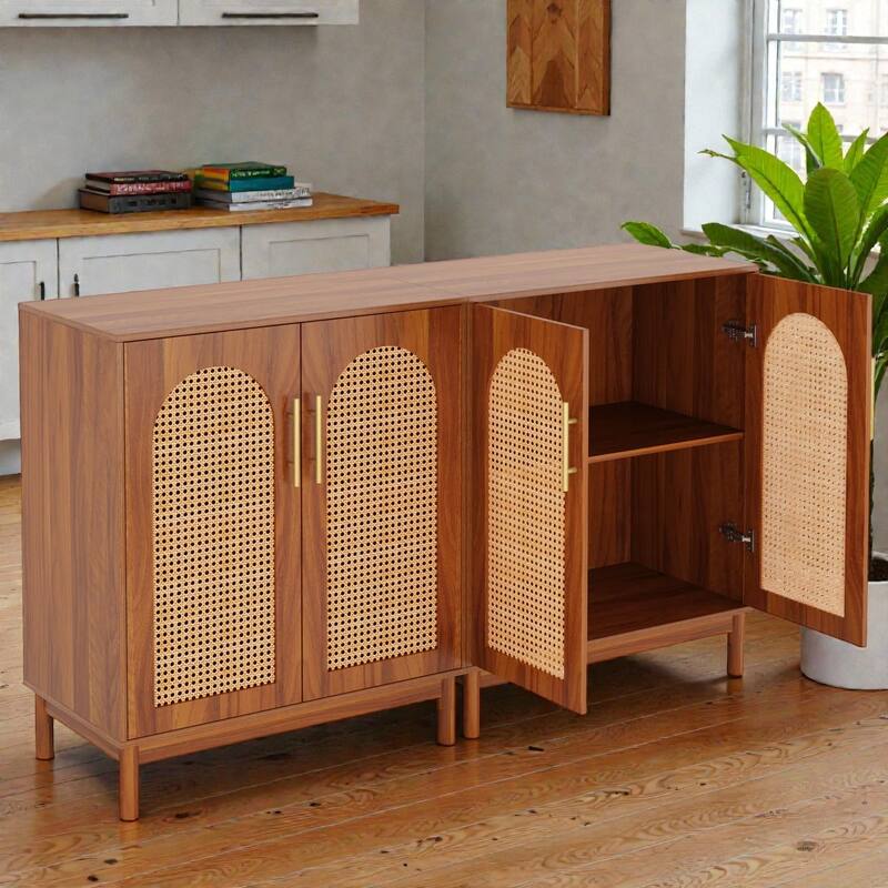 Modern Rattan Sideboard Buffet Cabinet with Storage, 4 Door Credenza for Dining Room Living Room Coffee Bar