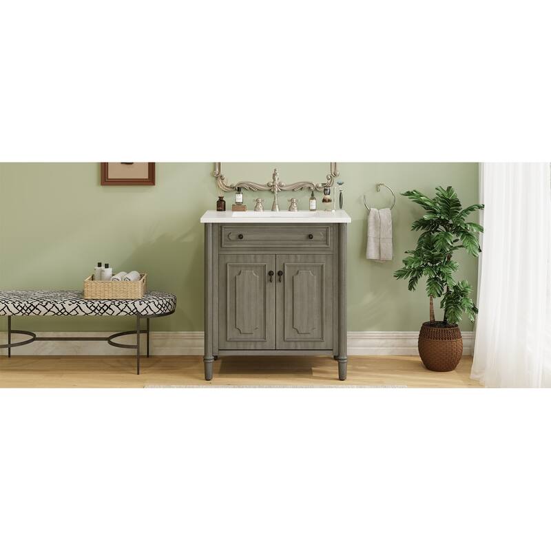 31" Bathroom Vanity with Sink, Rustic Bathroom Cabinet with Soft Close Doors and Adjustable Shelf, Curved Profile Design