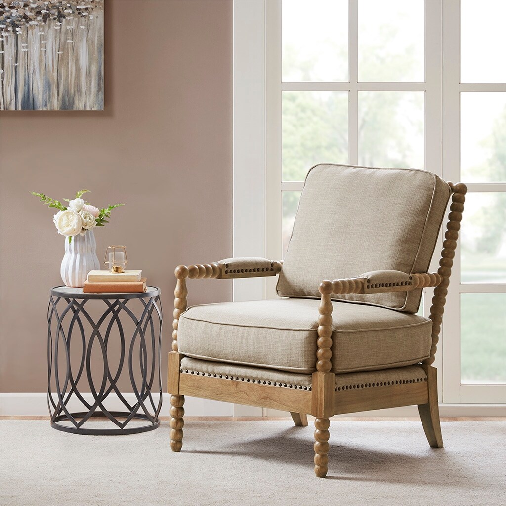 Donohue Wooden Accent Chair Armchair with Cushion in Taupe