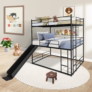 Black Twin Size Metal House Loft Bed with Slide and Ladder