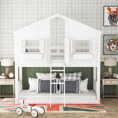 Twin over Twin House Bunk Bed with Roof