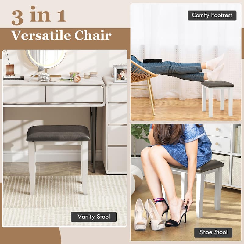 Gymax 2PCS Vanity Stool Chair Solid Wood Ottoman Set w/ Padded Seat