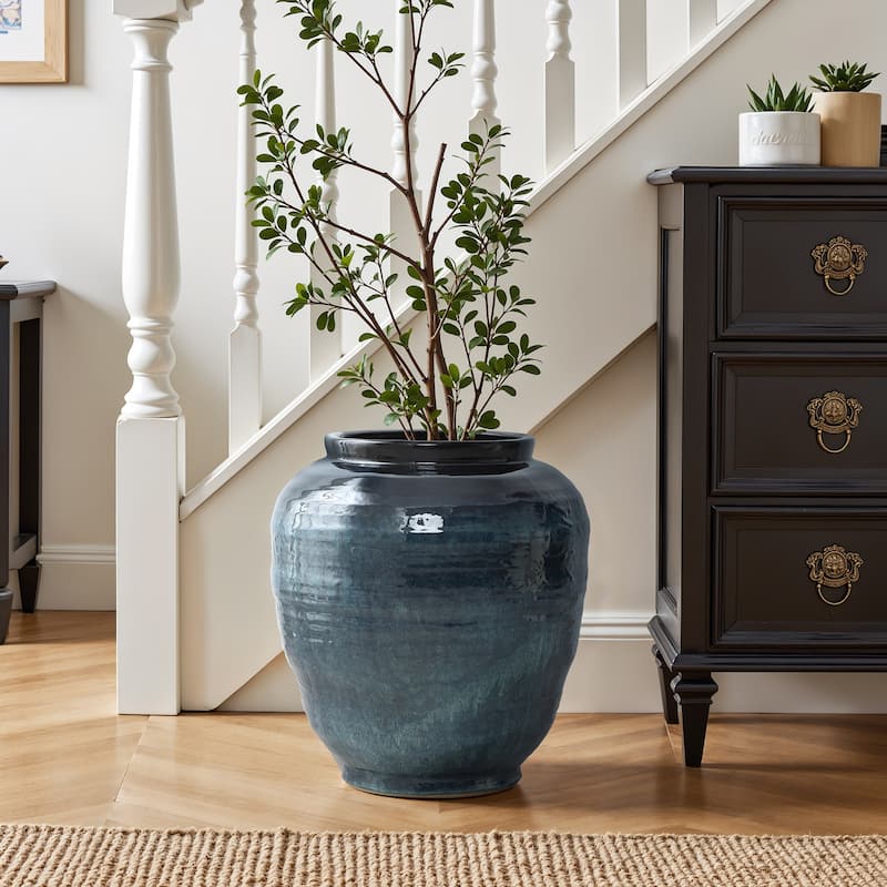 Rippled Blue with Brown Round Ceramic Vase, Home Decor Tabletop & Floor Accent