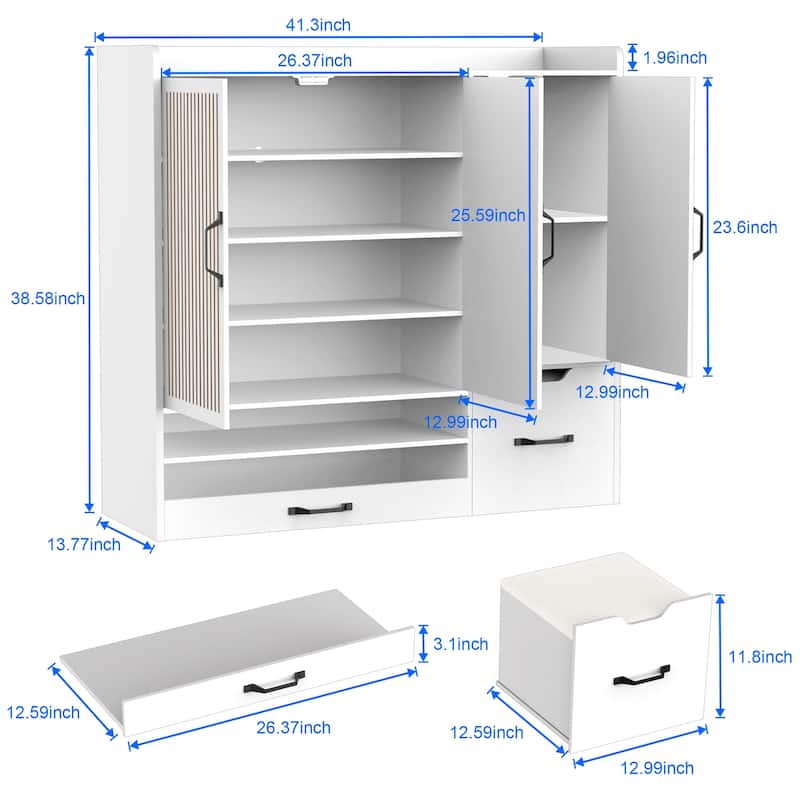Multi-functional Shoe Cabinet with Adjustable Shelves, Stool, Retractable toe-kick drawer, Minimalist Shoe Storage Organizer