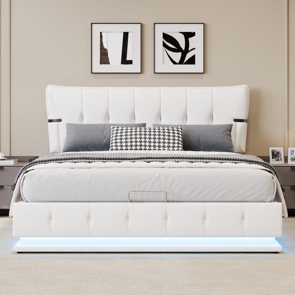 Grounded Bed Upholstered Platform Bed w/ Storage Underneath, White Full