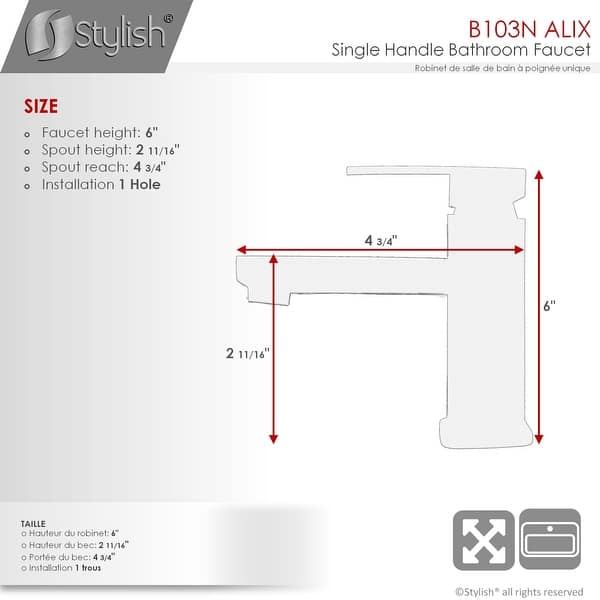 dimension image slide 1 of 3, Single Hole 1-Handle Bathroom Faucet - Faucet Height: 6" | Spout Height: 2 11/16"