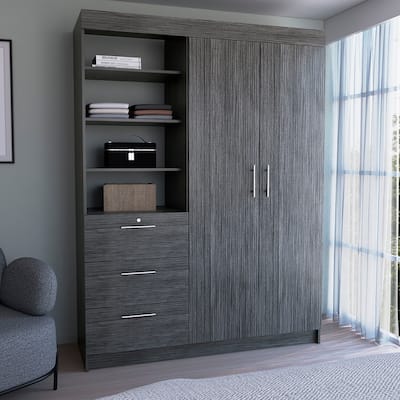 20.5" Modern Double-door Armoire with Three Large Drawers and 3-Tier Shelfs