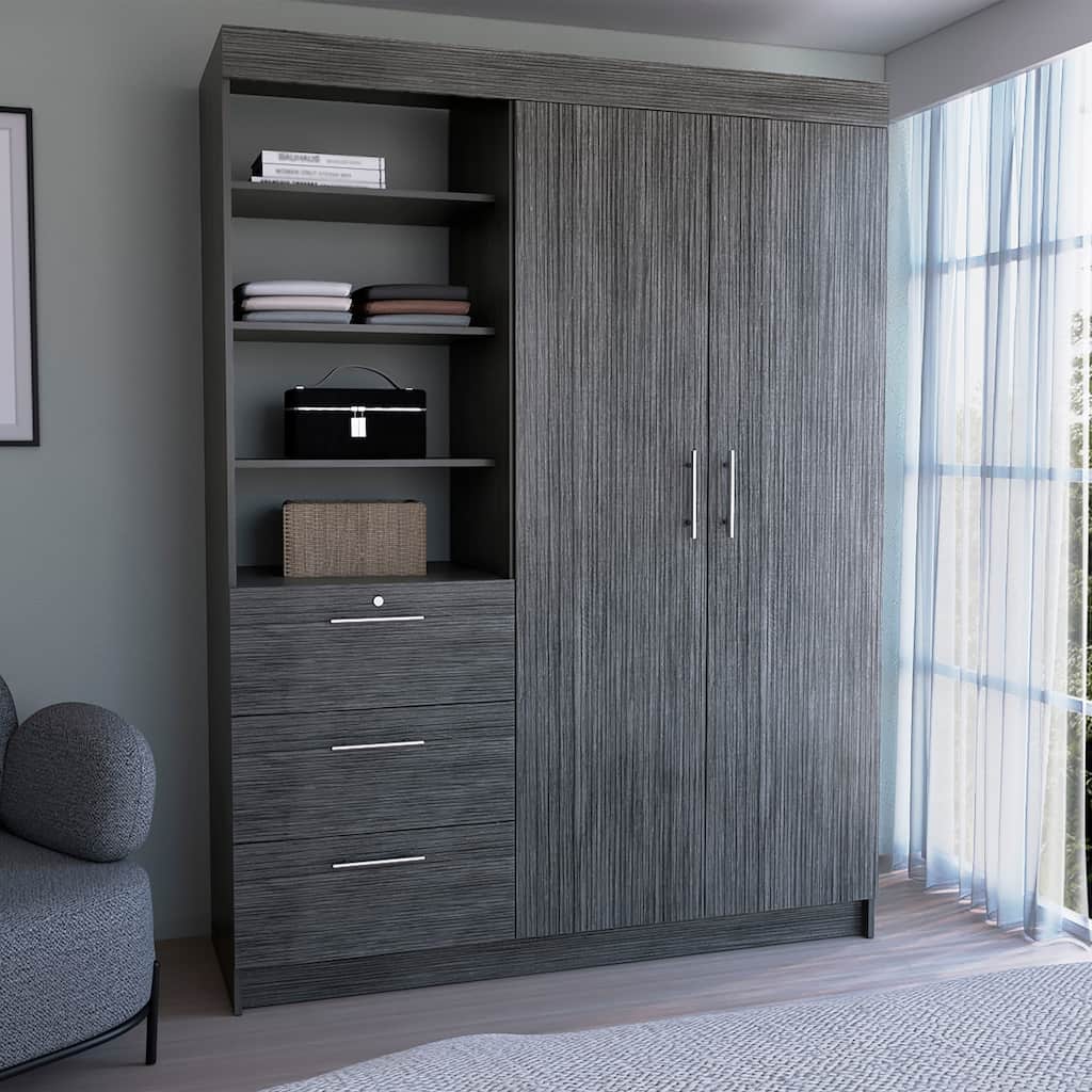20.5" Modern Double-door Armoire with Three Large Drawers and 3-Tier Shelfs