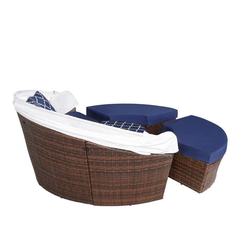 Ledel Wicker Outdoor Daybed 5-piece Sectional Sofa Set With Retractable Canopy and Cushions