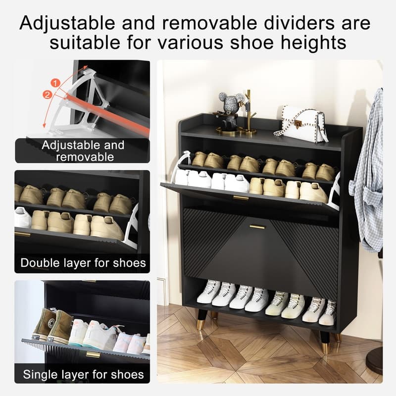 Black Shoe Storage Cabinet with 2flip Drawers, Entrance Shoe Rack Cabinet