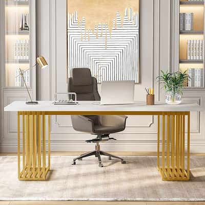 70.9" Modern Office Desk, White Executive Desk with Gold Metal Frame