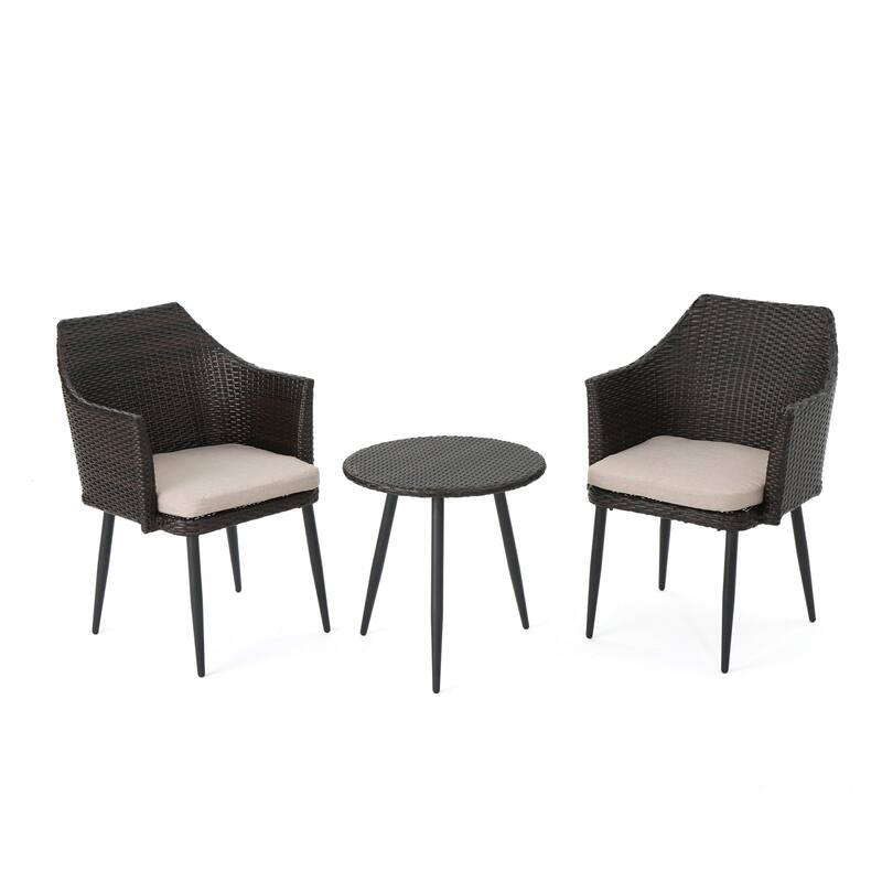 Roomfitters Kenneth 3-Piece Outdoor Wicker Chat Set with Table and Cushions, Iron Frame, Brown Multi