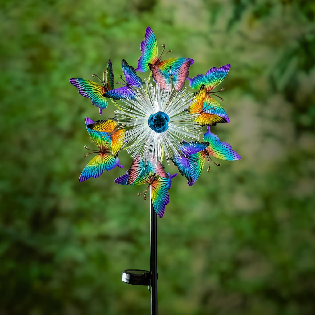 58 in. Solar Fiber Optic Butterfly Metal Wind Spinner