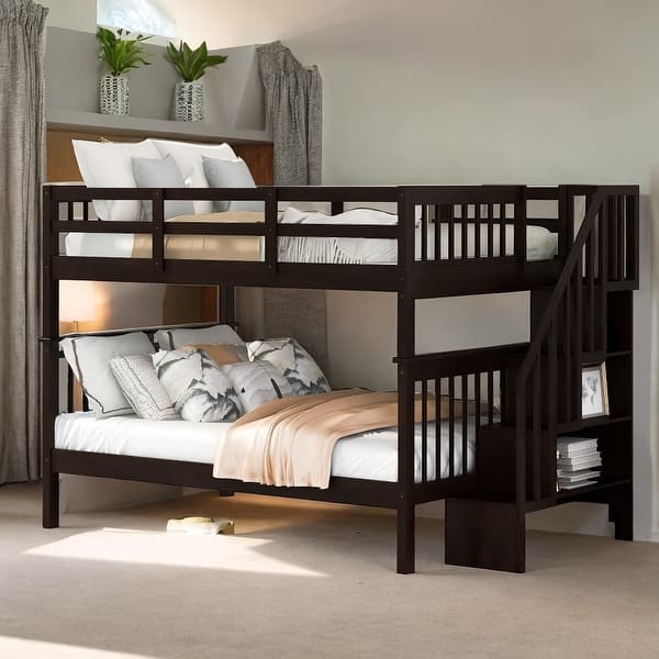 slide 2 of 13, Stairway Full-Over-Full Bunk Bed with Storage and Guard Rail for Bedroom, Dorm, Maximized Storage Space, Espresso Espresso