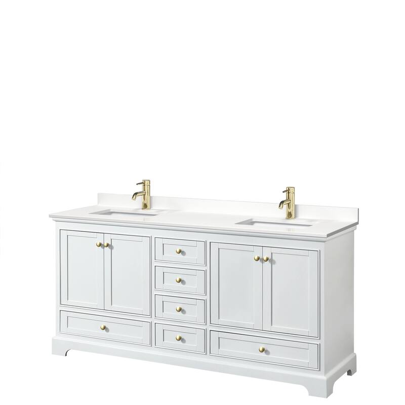 Deborah 72-inch Double Vanity, Quartz Top - White, Gold Trim, White Quartz Top