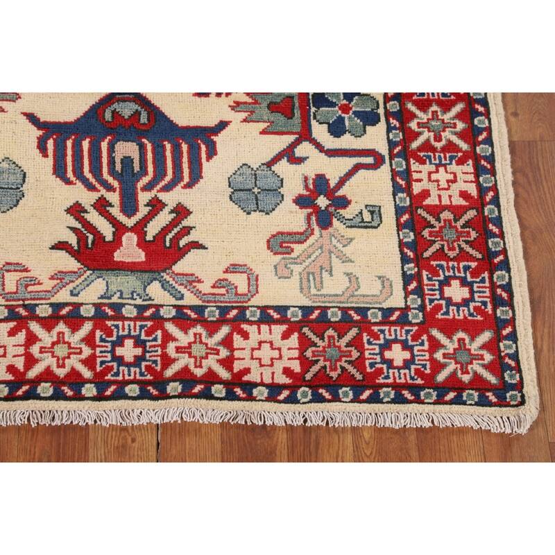 Geometric Kazak Accent Rug Hand-Knotted Foyer Wool Carpet - 3'5" x 4'10"