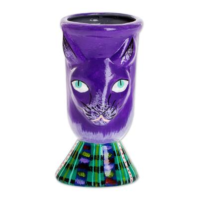 Novica Handmade Top Cat In Purple Ceramic Flower Pot