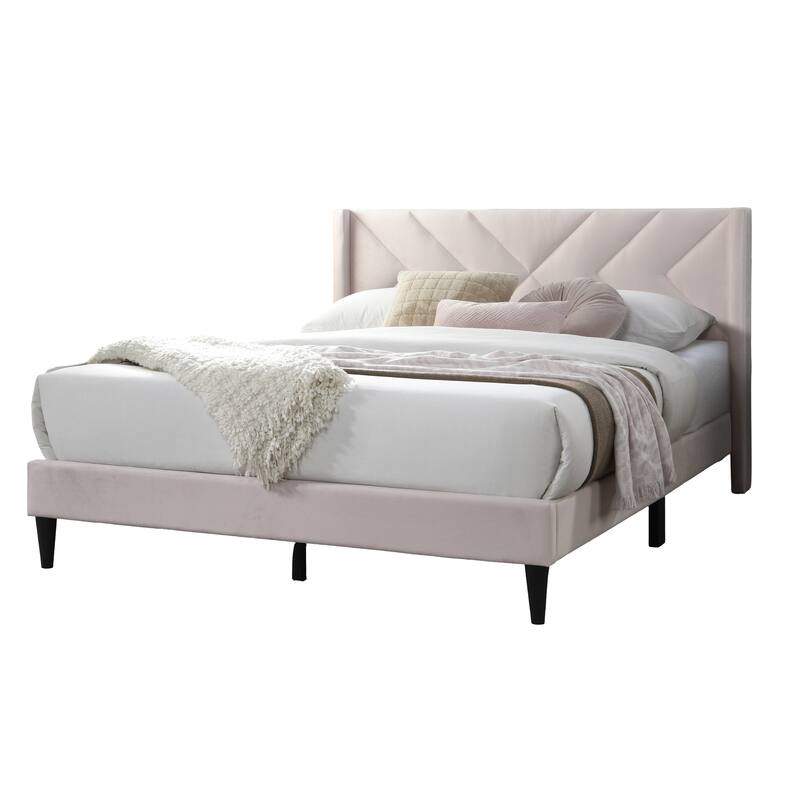 Modern Light Pink Velvet Upholstered Queen Size Bed with Geometric Headboard