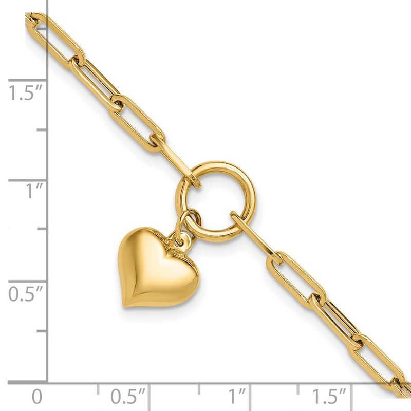 Curata 14k Yellow Gold 7.25"12.3mm Polished Puffed Heart Paperclip Link Bracelet