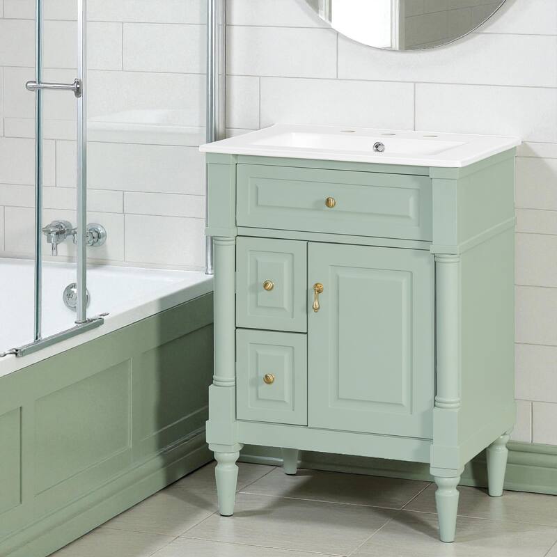 24" Freestanding Bathroom Vanity with Ceramic Sink, Solid Rubberwood Frame, Flip Drawer & Adjustable Shelf