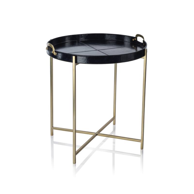 Harlow Leather with Brass Handles Round Tray on Stand - Blue
